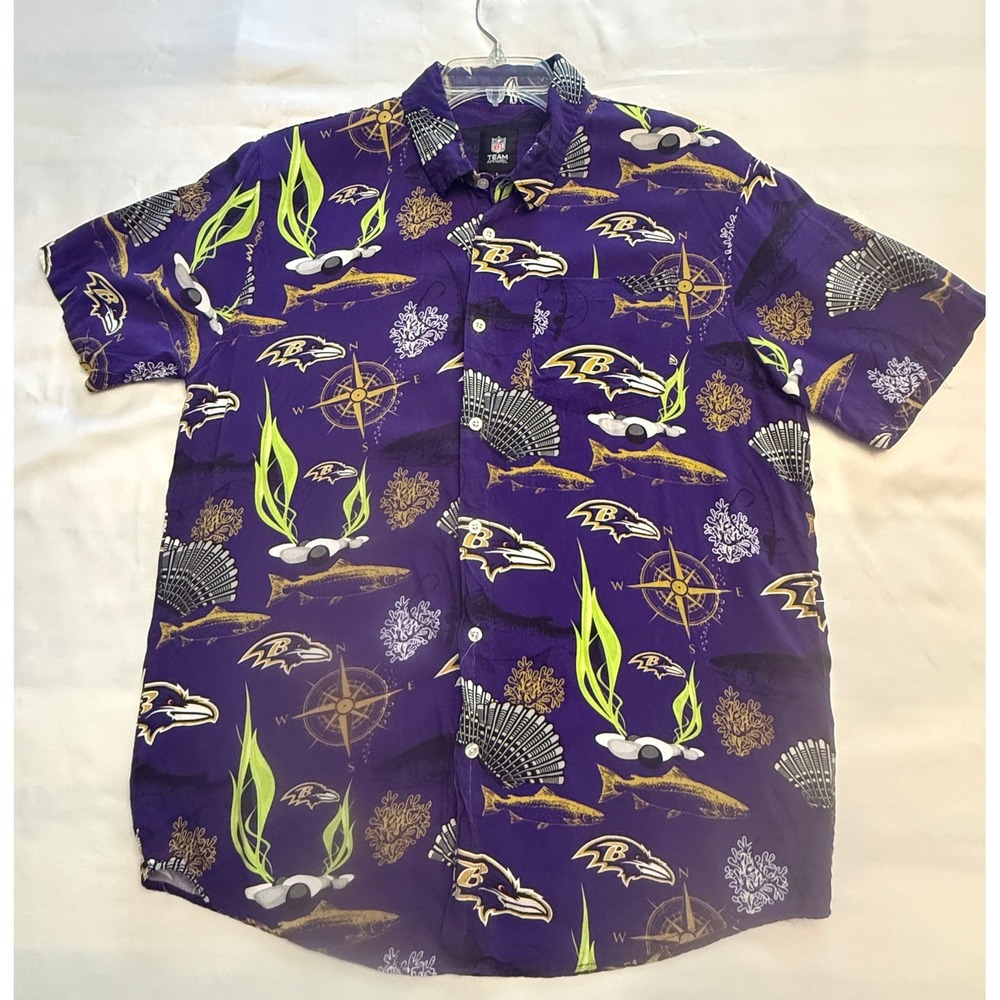 Baltimore Ravens Mens NFL Team Apparel Purple Nautical Fish Print Shirt Large